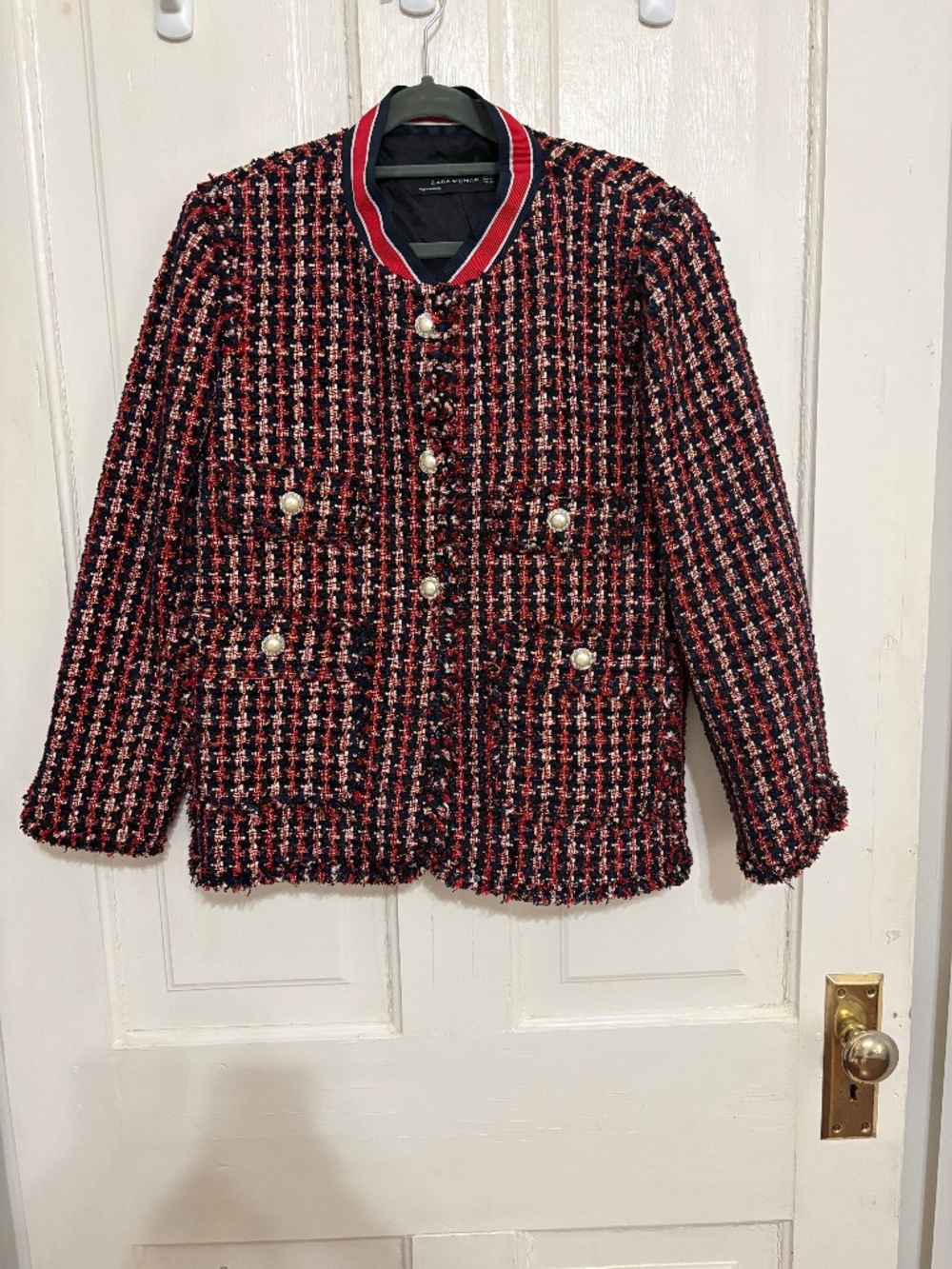 Zara Woman Red & Black Tweed Jacket with Pearl Buttons XL